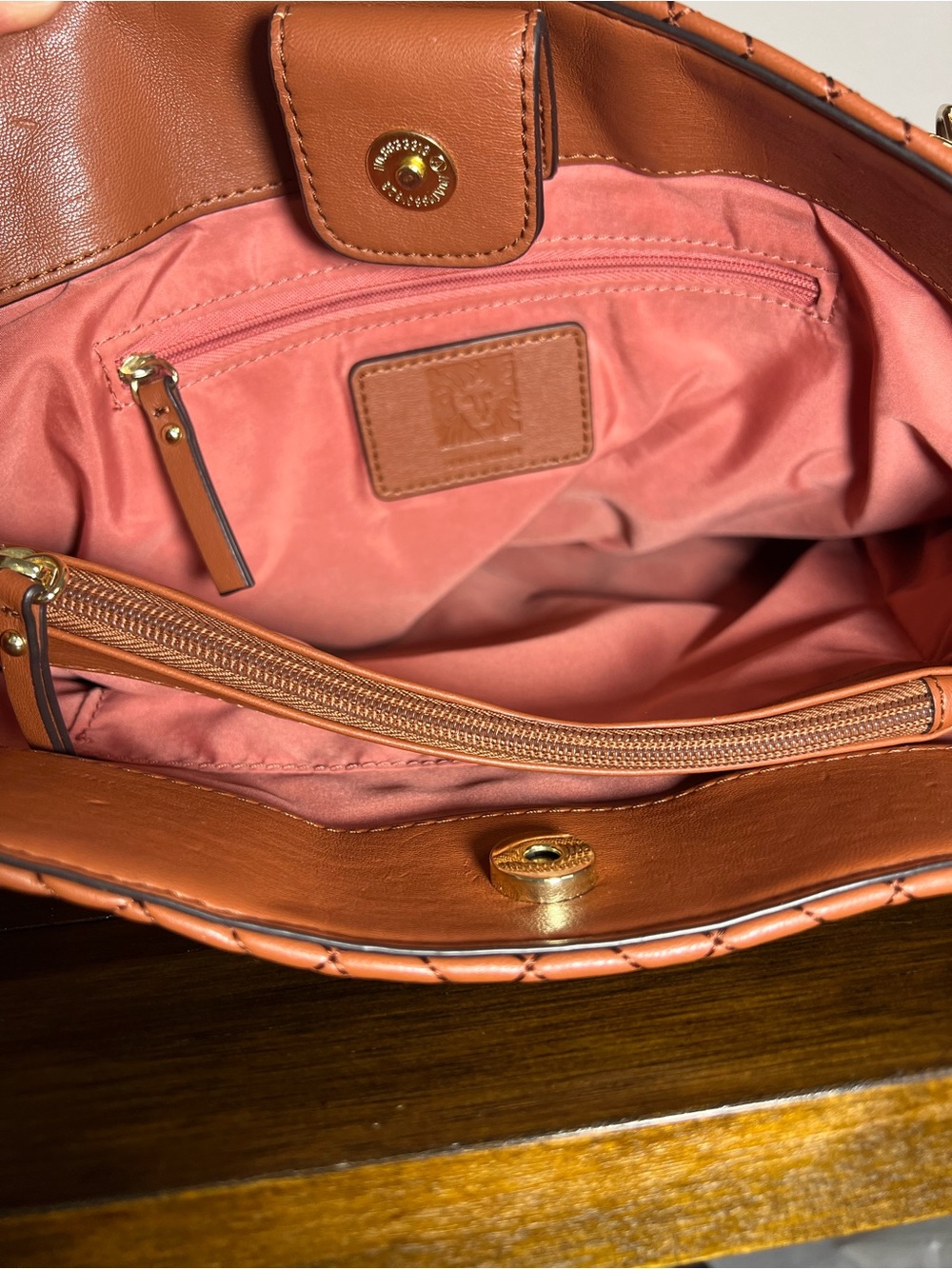Anne Klein Quilted Cognac Leather Shoulder Bag with Heart Chain - Picture 9 of 9
